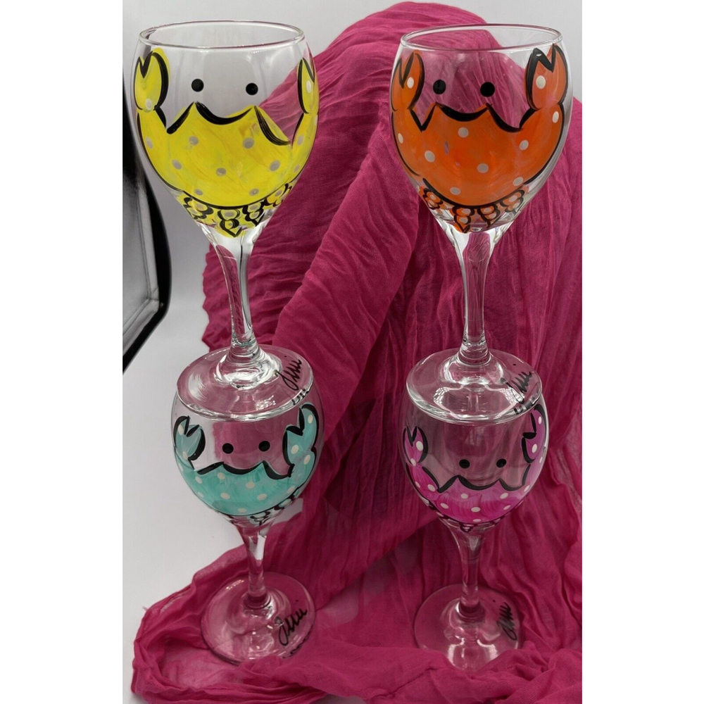 Hand Painted Crab Wine Glasses Set 4 Beach Bar Wear Signed Terri